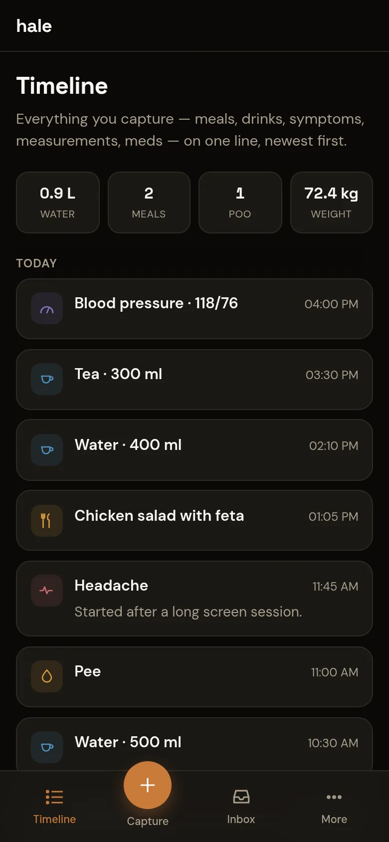 The hale timeline on a phone in dark mode, with today's entries newest first.